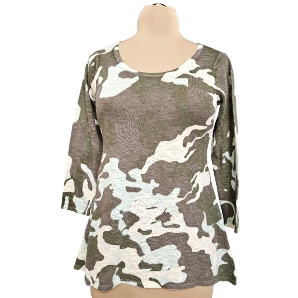 LOGO‎ Lori Goldstein Camo Print Scoop Neck 3/4 Sleeve Knit Top Green XS